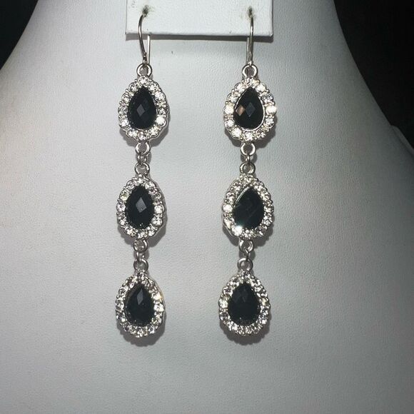 No Brand Jewelry - Silver Tone Black Crystal Pear Halo Dangle Earrings